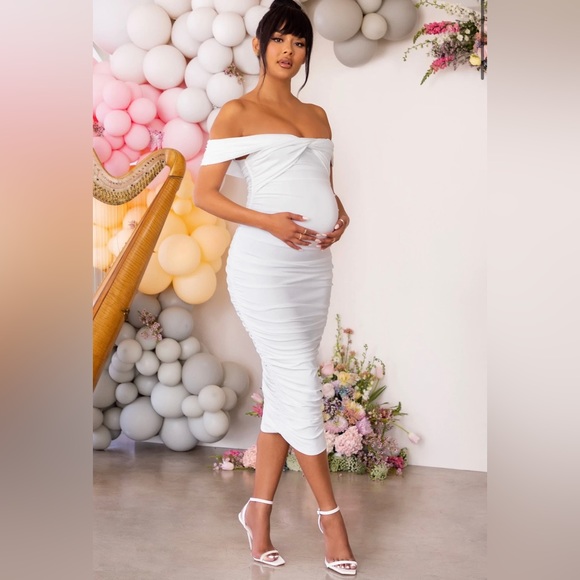 WHITE MATERNITY BARDOT KNOT RUCHED MIDI DRESS - Picture 1 of 3